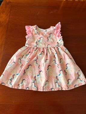 Girls' Pink Unicorn Print Dress with Lace Sleeves